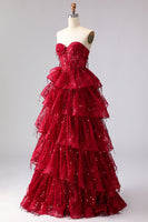 Load image into Gallery viewer, Sparkly Burgundy A Line Sequin Long Corset Prom Dress with Ruffles