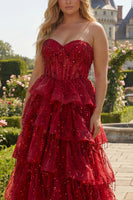 Load image into Gallery viewer, Sparkly Plus Size Burgundy Sequin A Line Long Corset Prom Dress with Ruffles