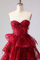Load image into Gallery viewer, Sparkly Burgundy A Line Sequin Long Corset Prom Dress with Ruffles