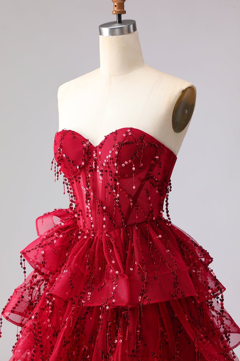 Load image into Gallery viewer, Sparkly Burgundy A Line Sequin Long Corset Prom Dress with Ruffles
