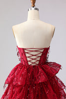 Load image into Gallery viewer, Sparkly Burgundy A Line Sequin Long Corset Prom Dress with Ruffles