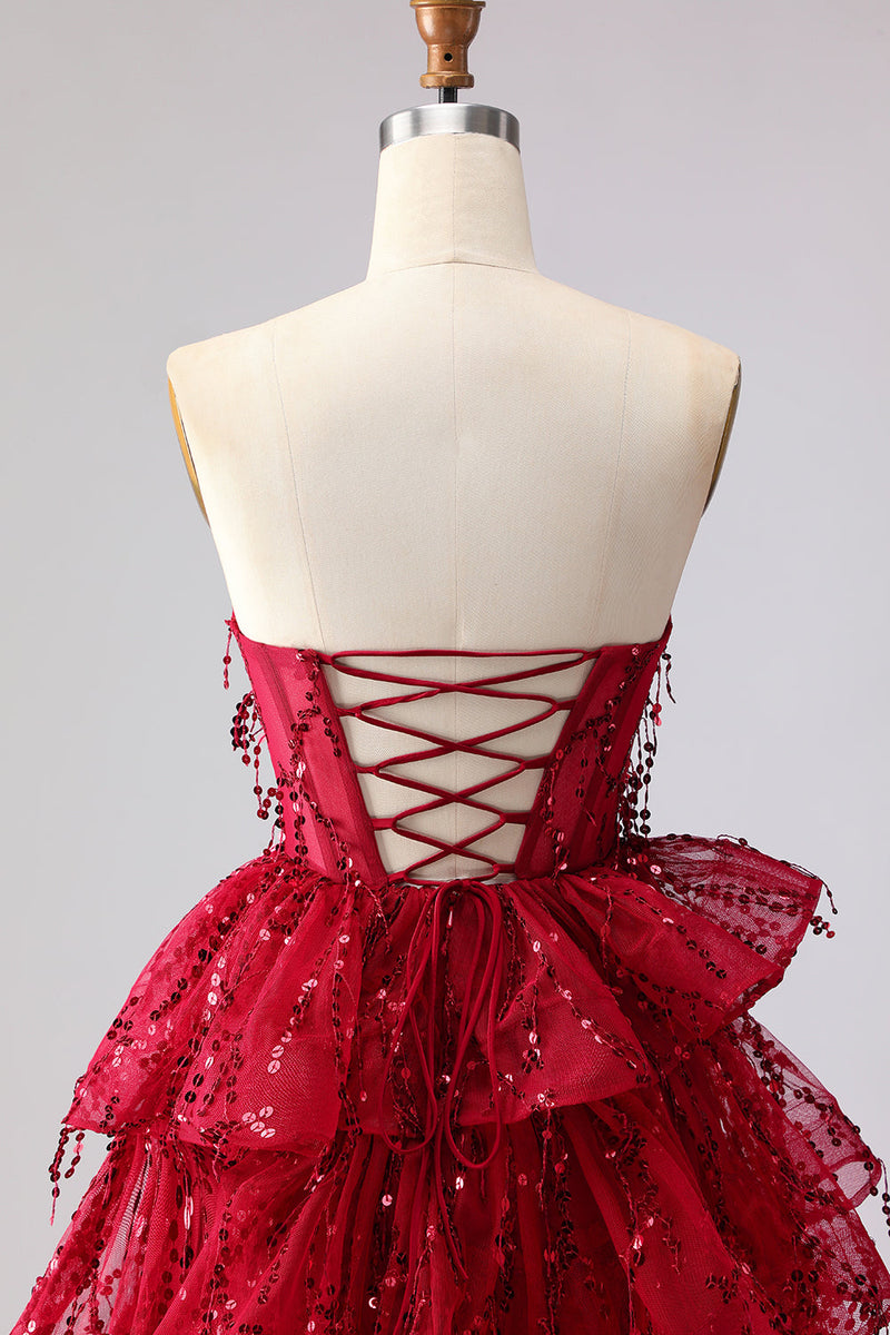 Load image into Gallery viewer, Sparkly Burgundy A Line Sequin Long Corset Prom Dress with Ruffles