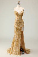 Load image into Gallery viewer, Sparkly Golden Strapless Mermaid Beaded Long Prom Dress with Slit