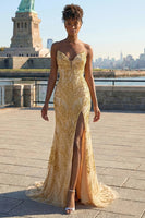 Load image into Gallery viewer, Sparkly Mermaid Plus Size Golden Strapless Beaded Long Prom Dress with Slit