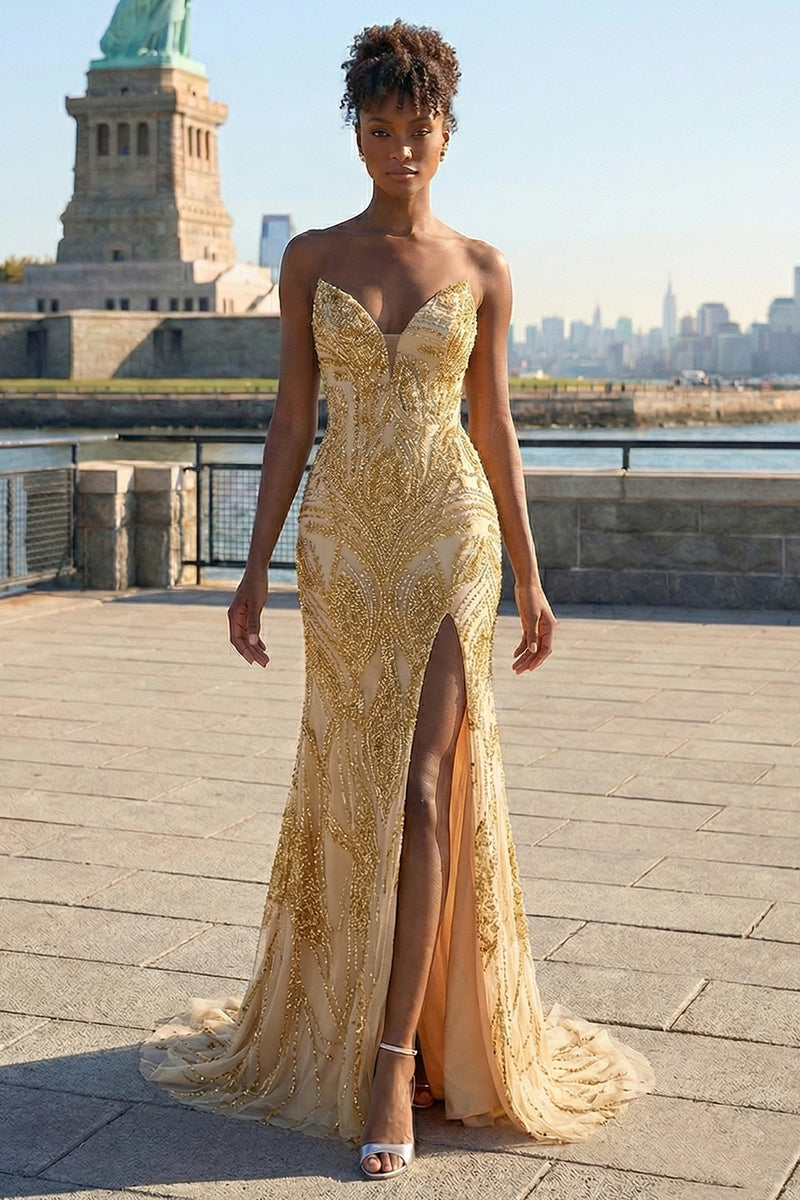 Load image into Gallery viewer, Sparkly Mermaid Plus Size Golden Strapless Beaded Long Prom Dress with Slit