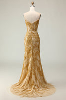 Load image into Gallery viewer, Sparkly Golden Strapless Mermaid Beaded Long Prom Dress with Slit