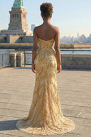 Load image into Gallery viewer, Sparkly Mermaid Plus Size Golden Strapless Beaded Long Prom Dress with Slit
