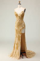 Load image into Gallery viewer, Sparkly Golden Strapless Mermaid Beaded Long Prom Dress with Slit