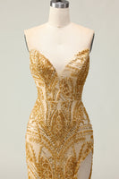 Load image into Gallery viewer, Sparkly Golden Strapless Mermaid Beaded Long Prom Dress with Slit