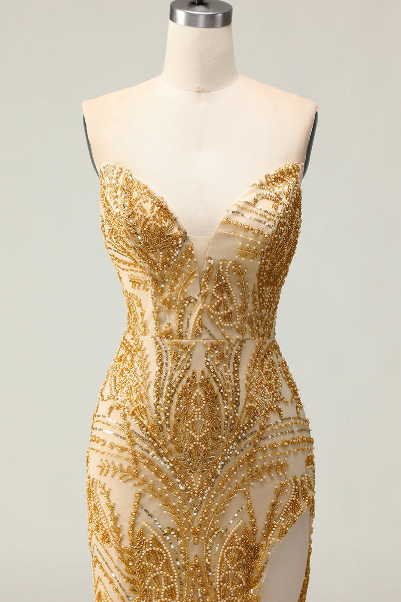 Load image into Gallery viewer, Sparkly Golden Strapless Mermaid Beaded Long Prom Dress with Slit