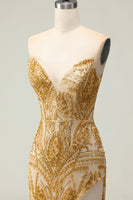 Load image into Gallery viewer, Sparkly Golden Strapless Mermaid Beaded Long Prom Dress with Slit