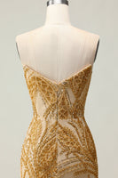 Load image into Gallery viewer, Sparkly Golden Strapless Mermaid Beaded Long Prom Dress with Slit
