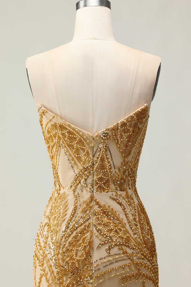 Load image into Gallery viewer, Sparkly Golden Strapless Mermaid Beaded Long Prom Dress with Slit