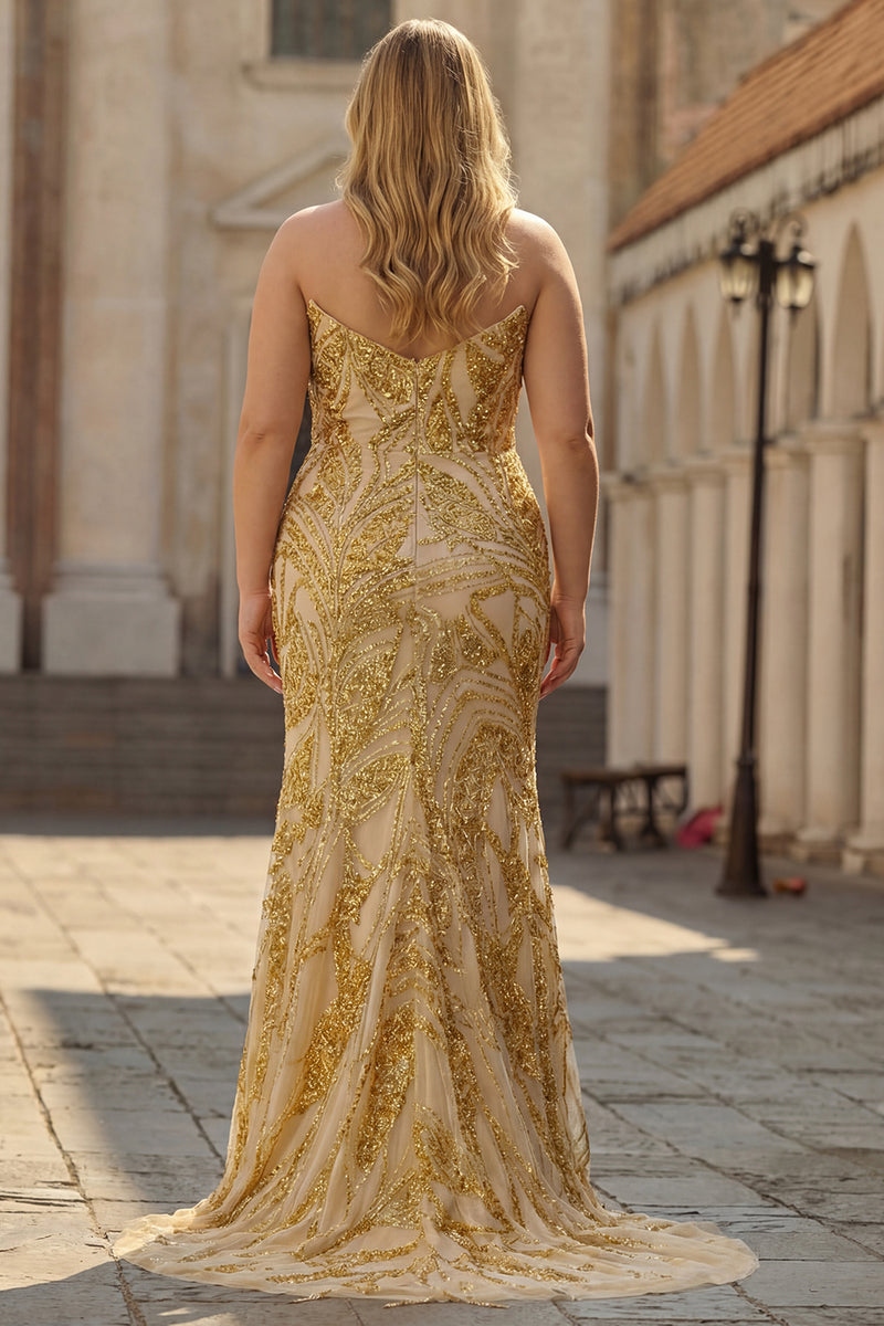 Load image into Gallery viewer, Sparkly Mermaid Plus Size Golden Strapless Beaded Long Prom Dress with Slit