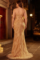 Load image into Gallery viewer, Sparkly Mermaid Plus Size Golden Strapless Beaded Long Prom Dress with Slit