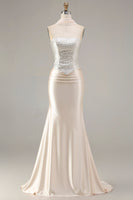 Load image into Gallery viewer, Sparkly Champagne Neck Scarf Mermaid Long Prom Dress with Beading