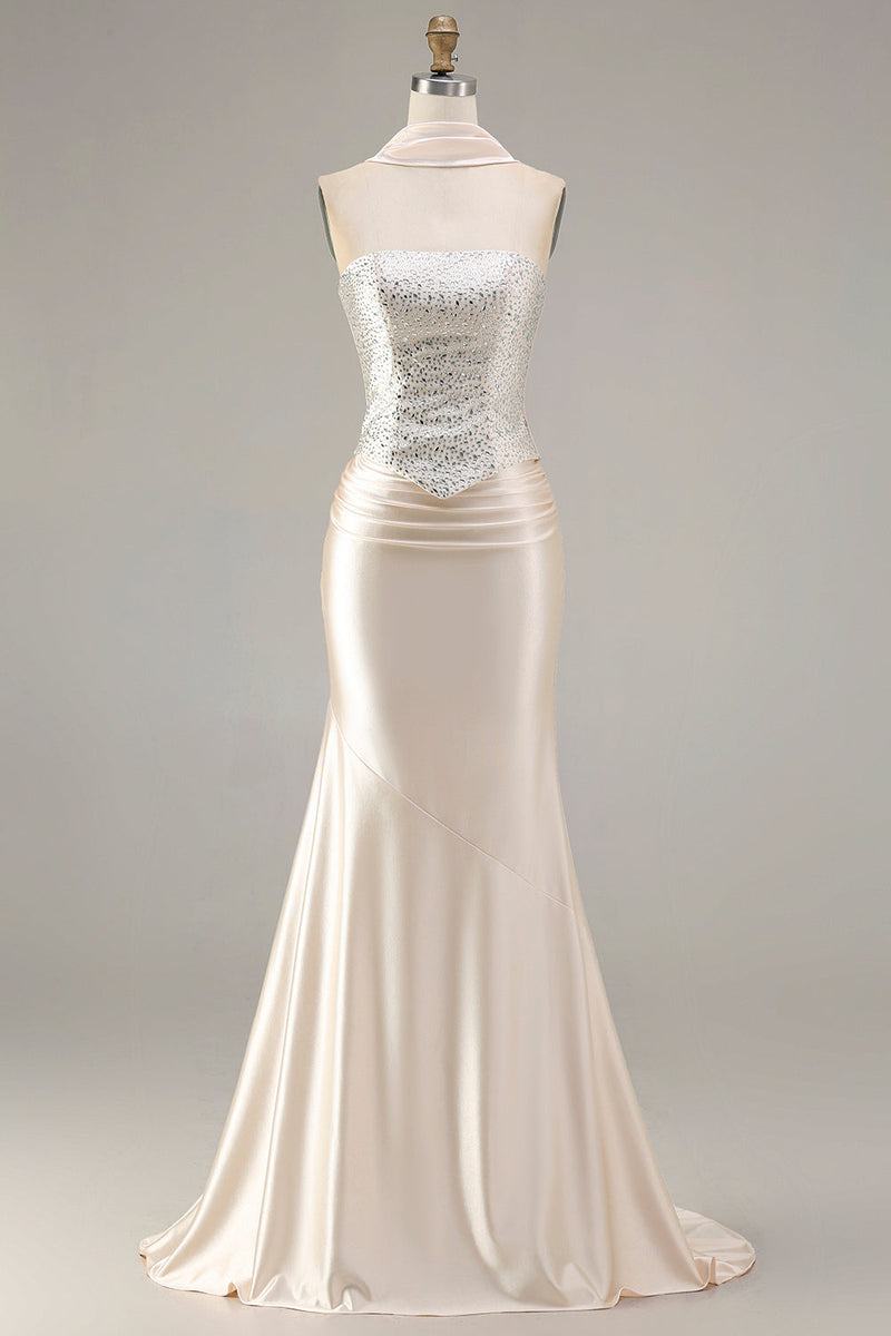 Load image into Gallery viewer, Sparkly Champagne Neck Scarf Mermaid Long Prom Dress with Beading