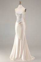 Load image into Gallery viewer, Sparkly Champagne Neck Scarf Mermaid Long Prom Dress with Beading