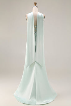 Light Green Mermaid Corset Neck Scarf Long Prom Dress with Slit