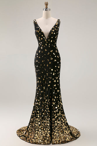 Sparkly Black Golden Mermaid V Neck Beaded Long Prom Dress