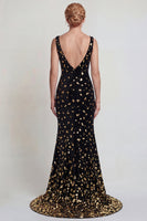 Load image into Gallery viewer, Sparkly Black and Gold Mermaid Sequins Long Mother of the Bride Dress with Slit