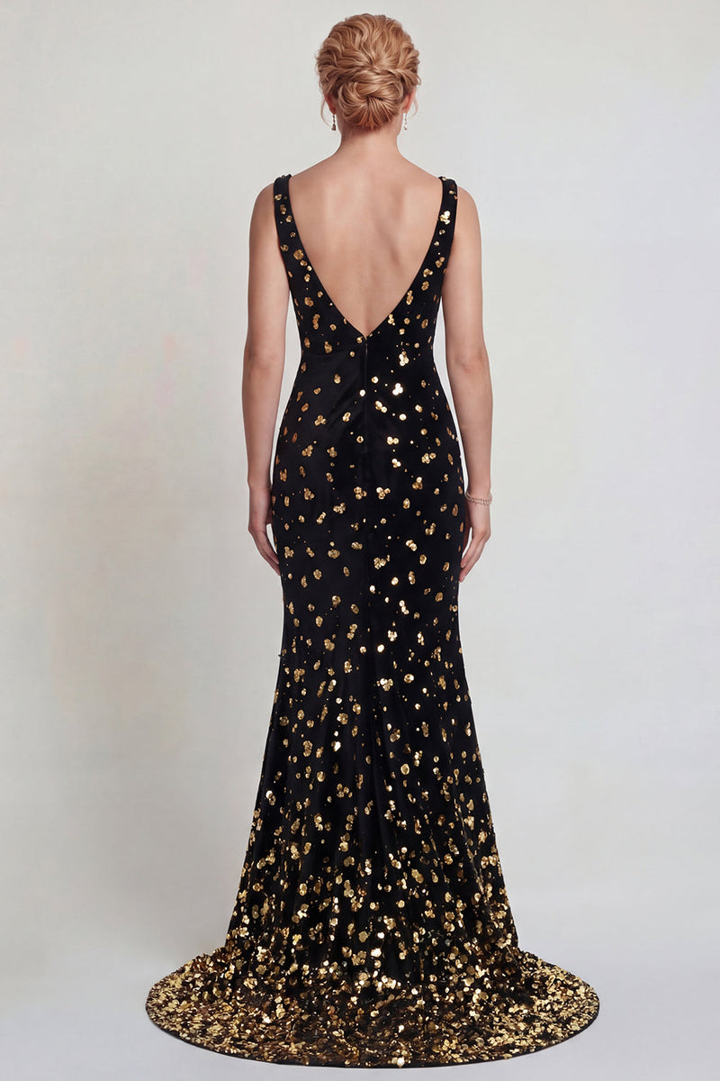 Load image into Gallery viewer, Sparkly Black and Gold Mermaid Sequins Long Mother of the Bride Dress with Slit
