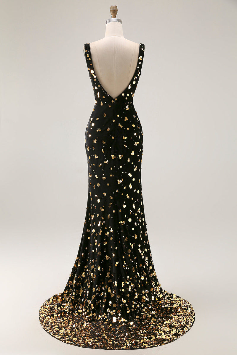 Load image into Gallery viewer, Sparkly Black and Gold Mermaid Sequins Long Mother of the Bride Dress with Slit