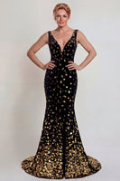 Load image into Gallery viewer, Sparkly Black and Gold Mermaid Sequins Long Mother of the Bride Dress with Slit