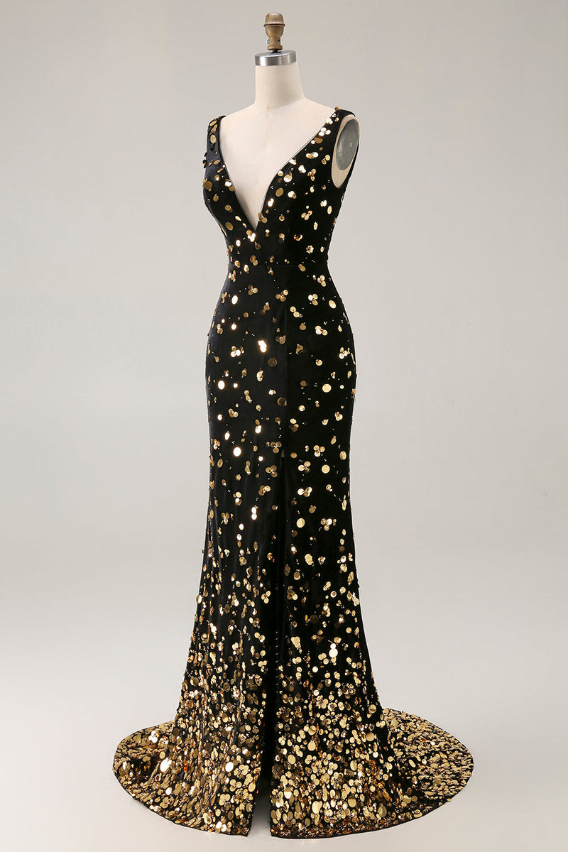 Load image into Gallery viewer, Sparkly Black Golden Mermaid V Neck Beaded Long Prom Dress