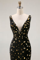 Load image into Gallery viewer, Sparkly Black Golden Mermaid V Neck Beaded Long Prom Dress