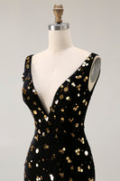 Load image into Gallery viewer, Sparkly Black Golden Mermaid V Neck Beaded Long Prom Dress