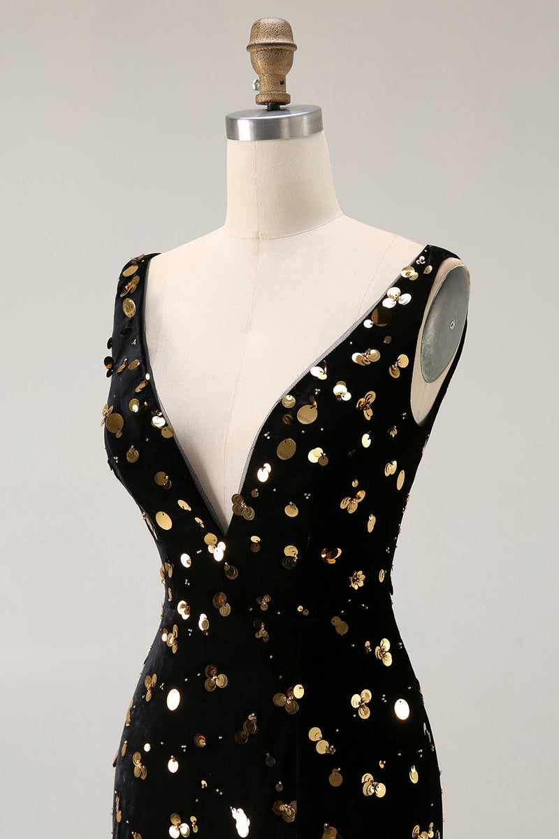 Load image into Gallery viewer, Sparkly Black Golden Mermaid V Neck Beaded Long Prom Dress