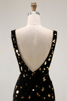 Load image into Gallery viewer, Sparkly Black Golden Mermaid V Neck Beaded Long Prom Dress