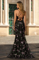 Load image into Gallery viewer, Sparkly Black and Purple Floral Mermaid Long Sequin Prom Dress with Slit