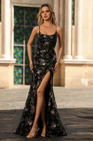 Load image into Gallery viewer, Sparkly Black and Purple Floral Mermaid Long Sequin Prom Dress with Slit