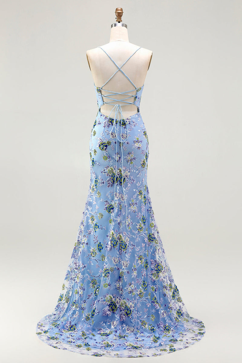 Load image into Gallery viewer, Sparkly Floral Blue Green Spaghetti Straps Sequin Long Prom Dress with Slit