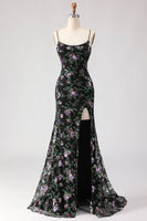 Load image into Gallery viewer, Sparkly Black and Purple Floral Mermaid Long Sequin Prom Dress with Slit