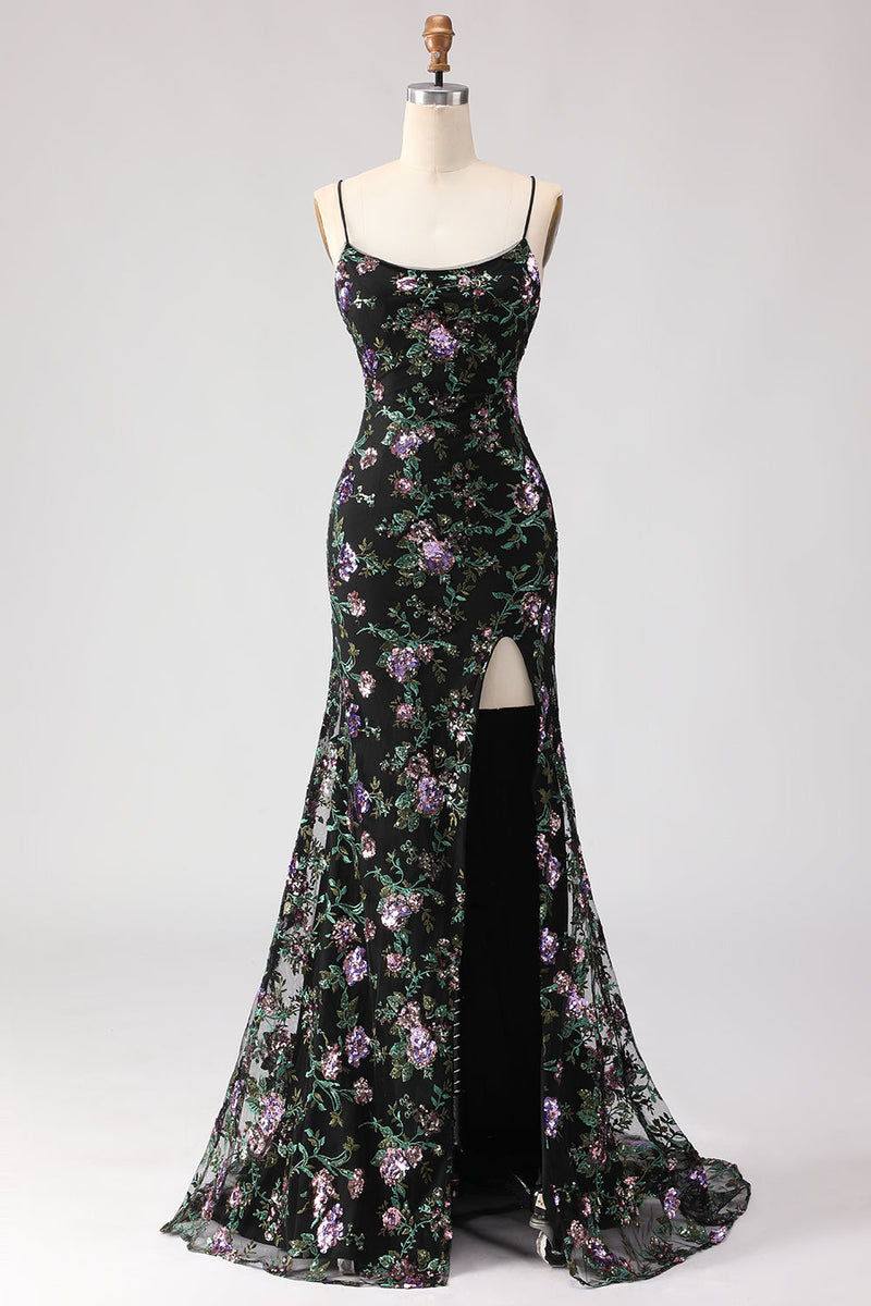 Load image into Gallery viewer, Sparkly Black and Purple Floral Mermaid Long Sequin Prom Dress with Slit
