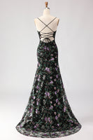 Load image into Gallery viewer, Sparkly Black and Purple Floral Mermaid Long Sequin Prom Dress with Slit