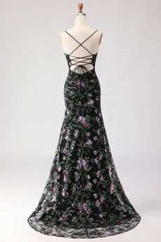 Sparkly Black and Purple Floral Mermaid Long Sequin Prom Dress with Slit