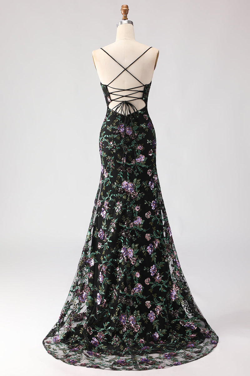 Load image into Gallery viewer, Sparkly Black and Purple Floral Mermaid Long Sequin Prom Dress with Slit
