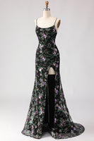 Load image into Gallery viewer, Sparkly Black and Purple Floral Mermaid Long Sequin Prom Dress with Slit
