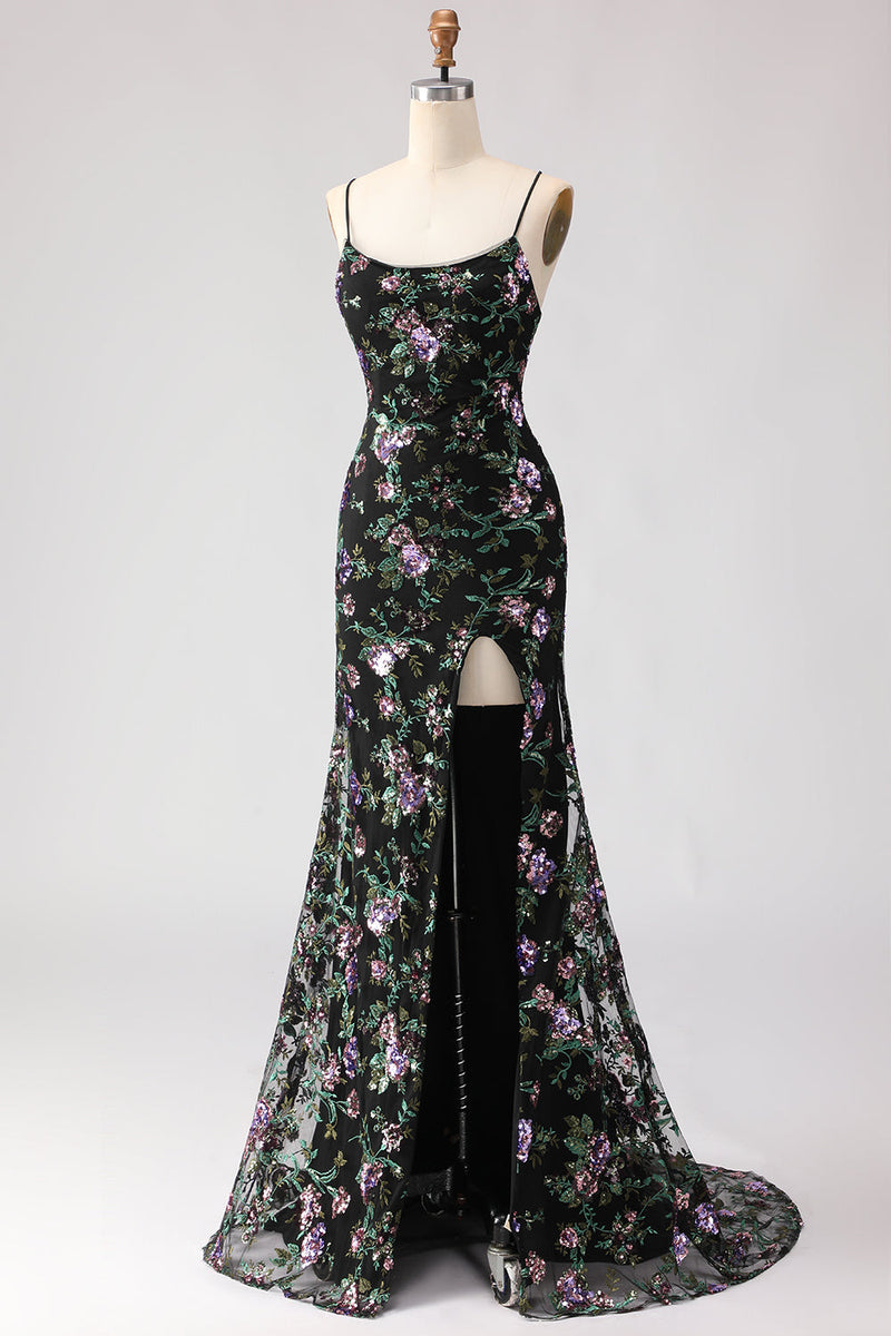 Load image into Gallery viewer, Sparkly Black and Purple Floral Mermaid Long Sequin Prom Dress with Slit