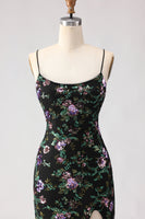Load image into Gallery viewer, Sparkly Black and Purple Floral Mermaid Long Sequin Prom Dress with Slit