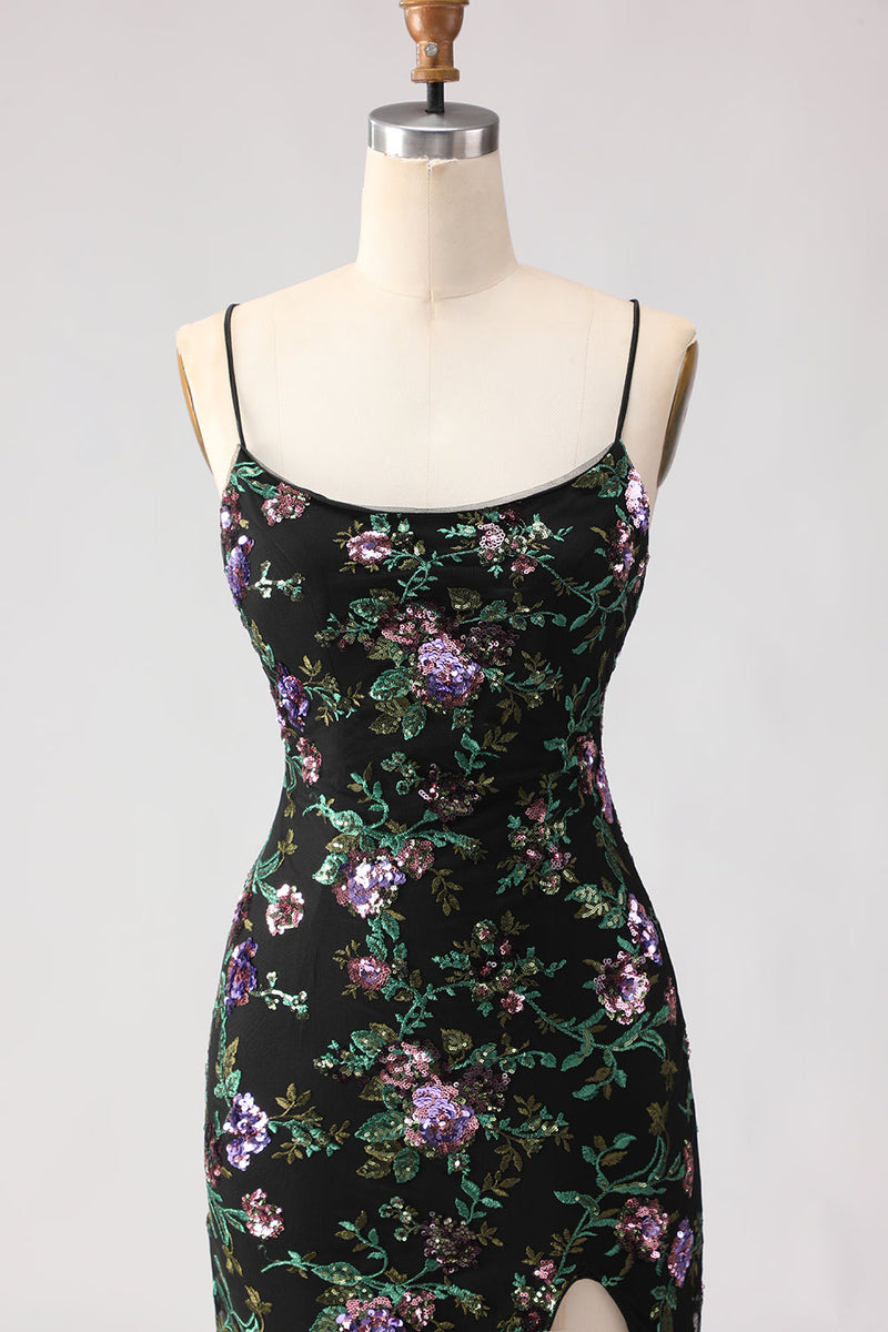 Load image into Gallery viewer, Sparkly Black and Purple Floral Mermaid Long Sequin Prom Dress with Slit