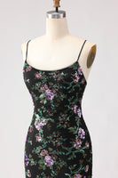 Load image into Gallery viewer, Sparkly Black and Purple Floral Mermaid Long Sequin Prom Dress with Slit