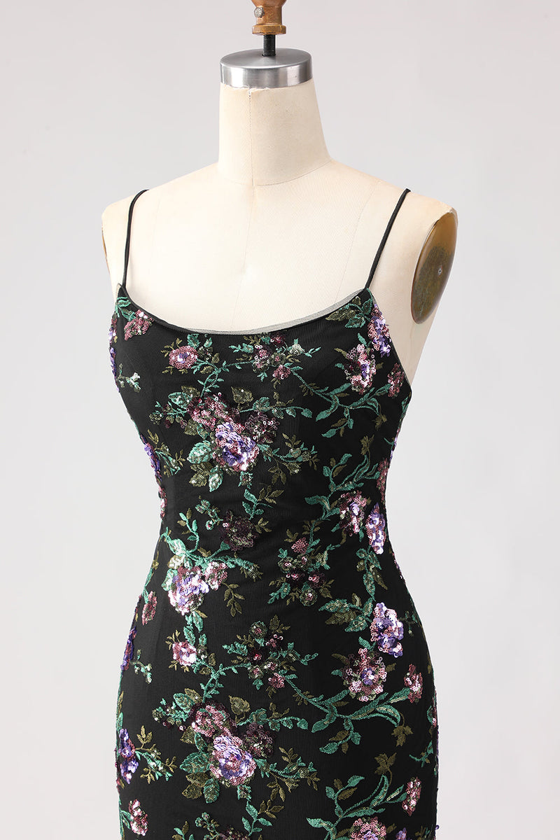 Load image into Gallery viewer, Sparkly Black and Purple Floral Mermaid Long Sequin Prom Dress with Slit