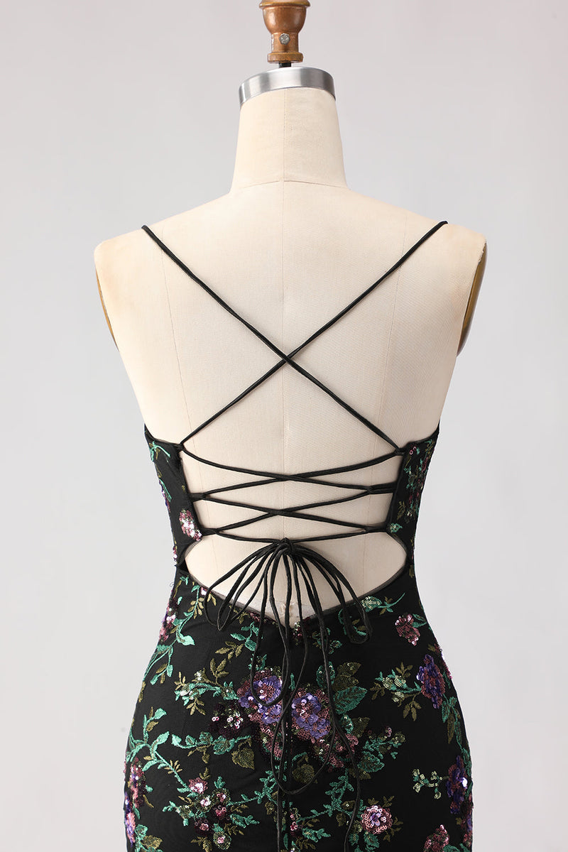 Load image into Gallery viewer, Sparkly Black and Purple Floral Mermaid Long Sequin Prom Dress with Slit