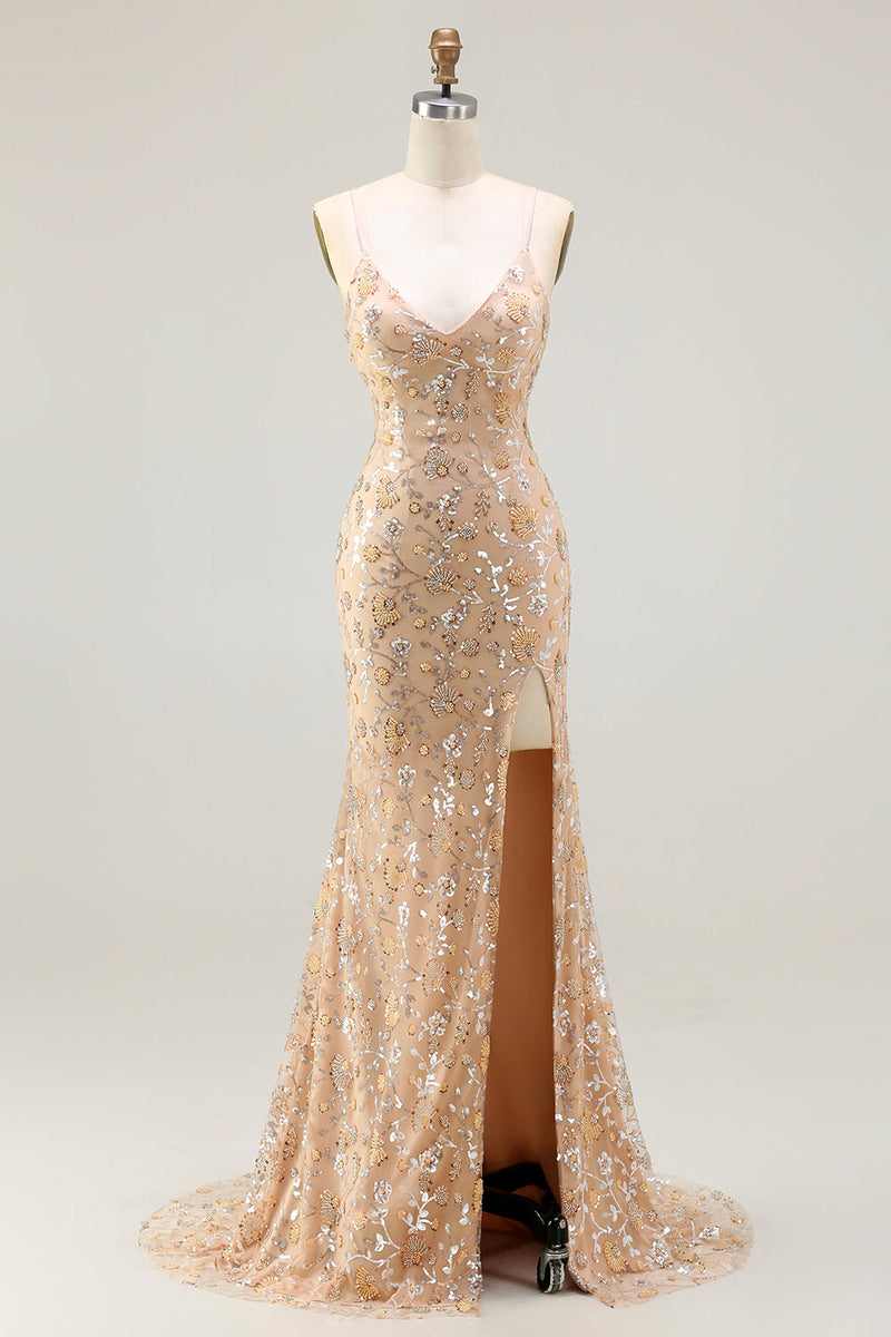Load image into Gallery viewer, Sparkly Champagne Mermaid Floral Long Prom Dress with Slit