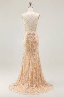 Load image into Gallery viewer, Sparkly Champagne Mermaid Floral Long Prom Dress with Slit